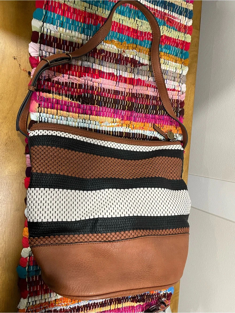 The Sak Brown Black White Striped Woven Hobo Bag